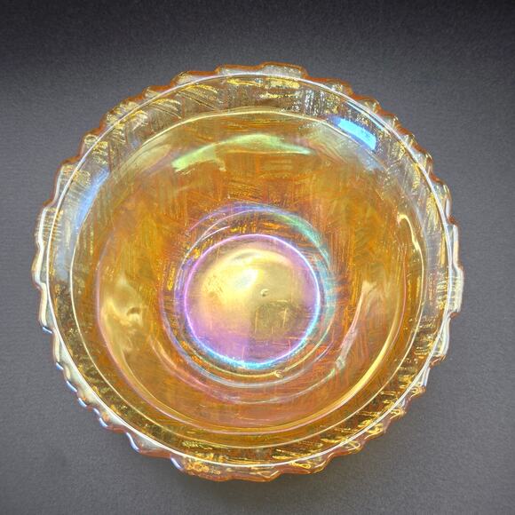 Retro Glass Bowl Marigold Iridescent Basket Weave Pattern Vintage Collectible - Picture 7 of 8